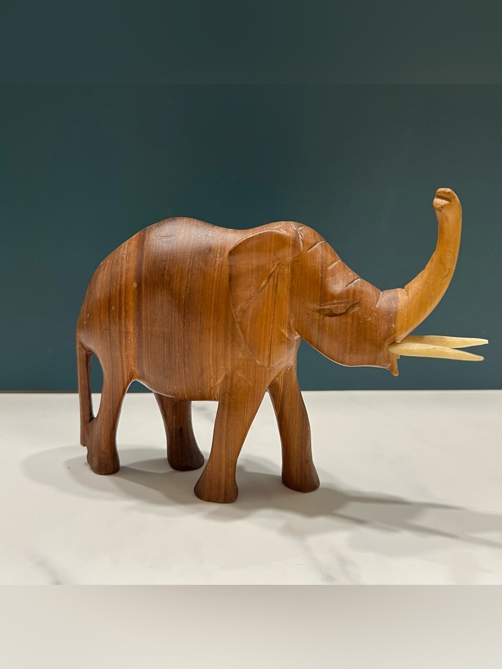 Vintage Hand Carved Wood Elephant Figurine White Tusks Mid Century Modern 5”H